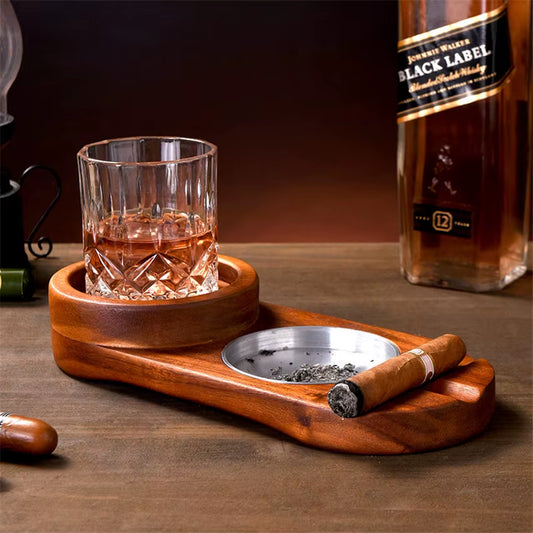 Wooden Cigar Ashtray with Whiskey Glass Tray 2-In-1 Fun Cigar Accessories Desk Accessories for Home Decoration Men'S Gift